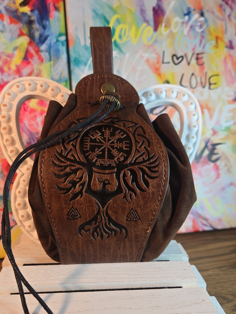Brown Leather Viking Emblem Drawstring Women’s Bag